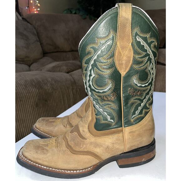 Derramadero Embroidered Western Boots Green/ Brown Leather Men 27.5 US 9.5 - Picture 2 of 10